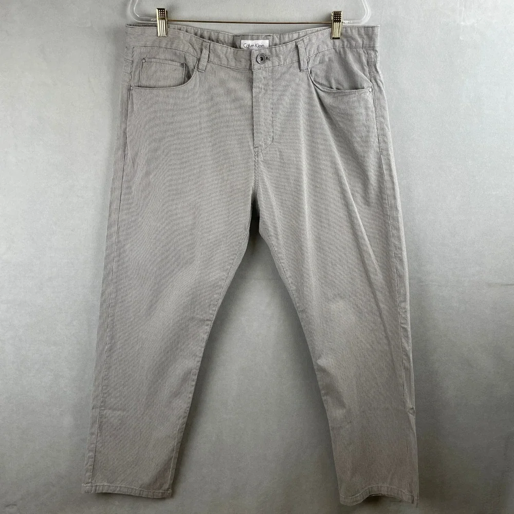 Calvin Klein Mens Grey White Micro Stripe Straight Leg Cotton Pants 38x30 Preppy
